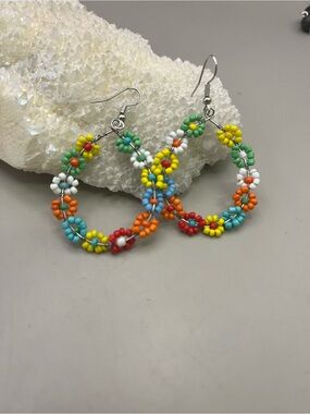 Boho Flower Child Beaded Hoop Earrings Rainbow Daisy Hippie Retro 70s Statement
